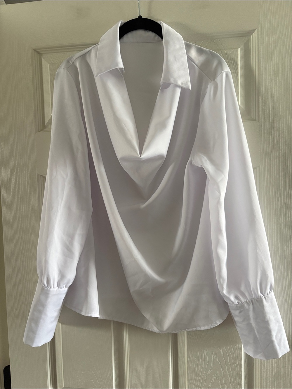 Classic White Drape Collar Long-Sleeve Top